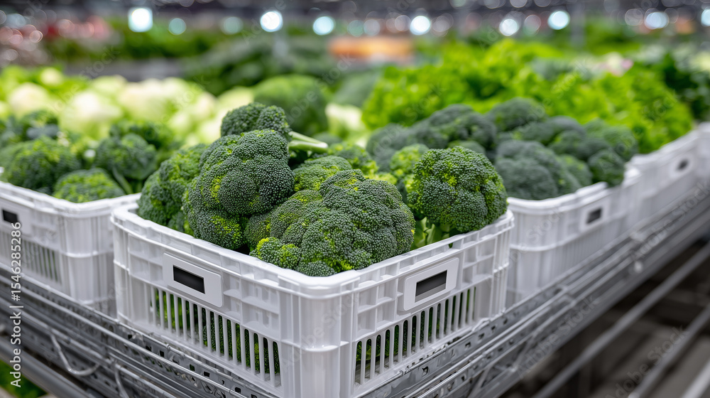 Poster close-up of smart freshness sensors embedded in fresh produce crates, communicating via wireless net