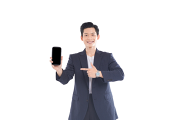 Asian businessman browsing content, focused expression in modern office