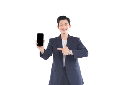 Asian businessman browsing content, focused expression in modern office