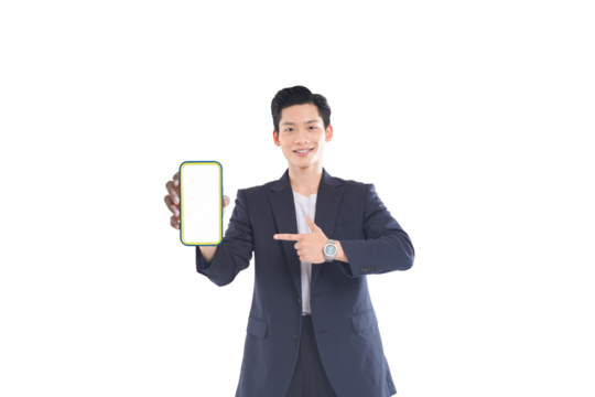 Asian businessman browsing content, excited expression in modern office