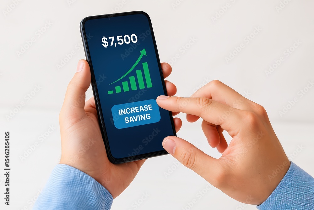 Poster person using smartphone displaying saving increase with graph showing financial growth and dollar am