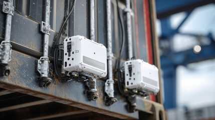 Close-up of smart sensor pods placed inside food shipping containers, wirelessly transmitting real-time safety data across global supply chains