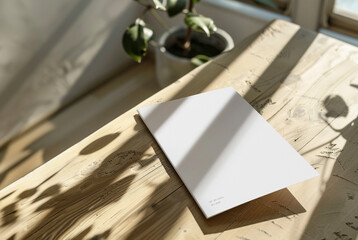 greeting card mockup on a wooden table, soft natural lighting, elegant minimal style, card standing open slightly, front design visible, subtle shadows, clean modern workspace background