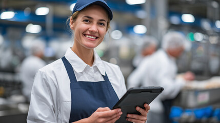 Workers using tablets to receive live alerts from IoT sensors detecting chemical contamination in processed meat packaging