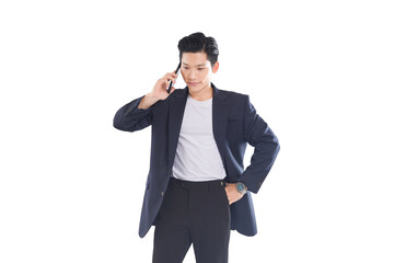 Asian businessman scrolling through phone, curious expression in modern office