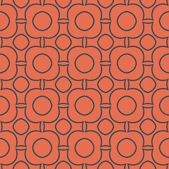 A symmetrical pattern features orange floral shapes outlined in black, creating a geometric, repetitive design. The arrangement forms a captivating visual with alternating curved and pointed elements.