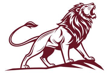 Majestic lion roars powerfully while standing atop a rock formation in maroon color