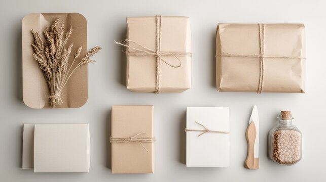 Top view of wrapped gifts with string wheat sheaf box wooden knife and filled bottle on grey surface