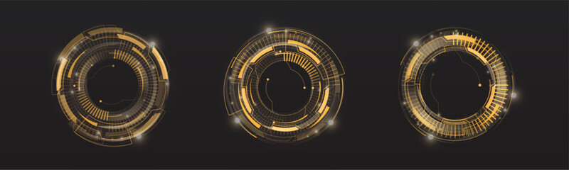 A set of round interface HUD elements in golden style on a dark background. Suitable for cyberpunk design, games and modern projects.