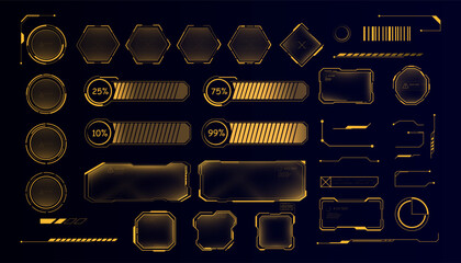 A set of bright golden HUD elements: indicators, frames, loading bars and text panels. Stylish interface kit for futuristic UI designs and game projects.
