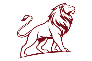 Maroon lion prowls majestically with flowing mane, outlined in dark shades against white