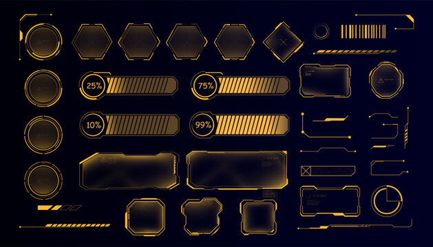 A set of bright golden HUD elements: indicators, frames, loading bars and text panels. Stylish interface kit for futuristic UI designs and game projects.