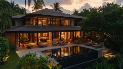 Obraz premium Modern luxury villa with infinity pool and open living spaces at dusk Architecture