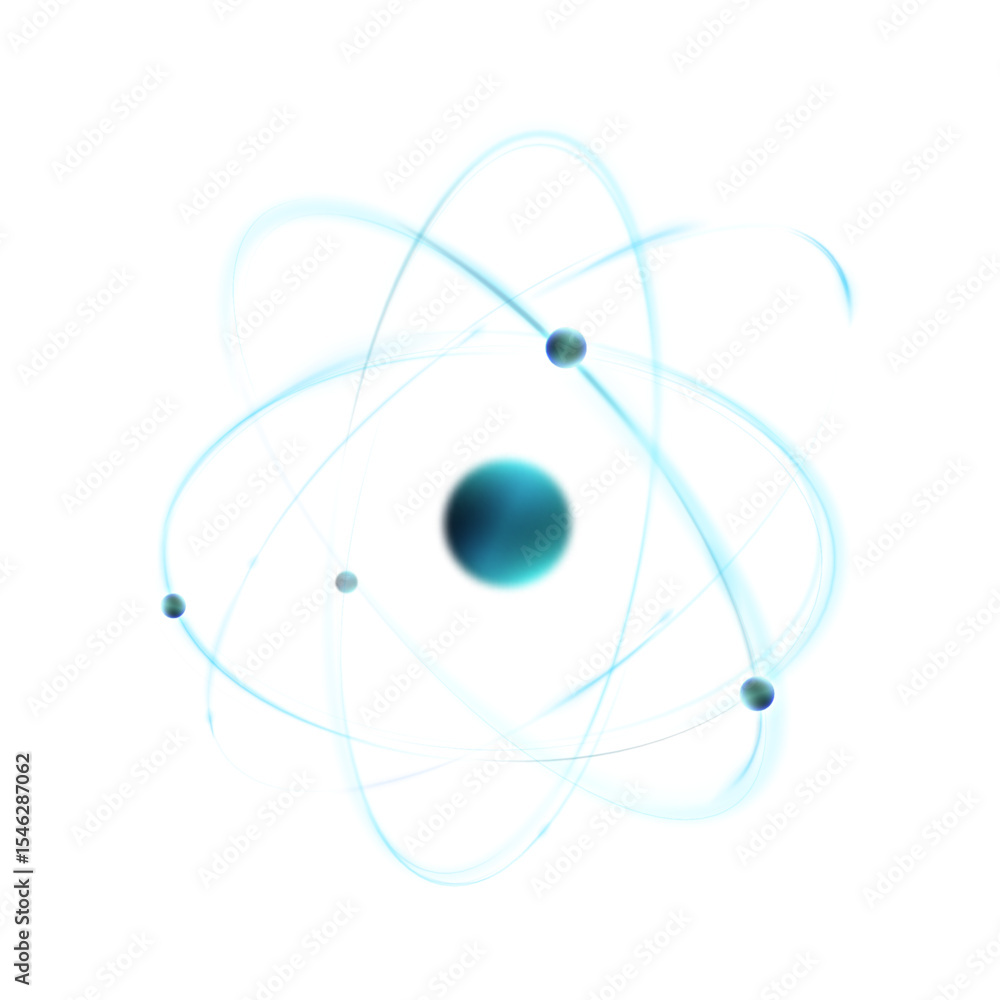 Poster model of an atom with electrons rotating around the nucleus, on a white background. used for illustr