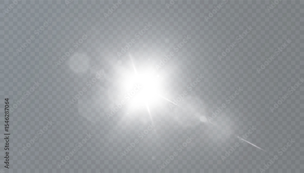 Poster A bright white flash of light with glare and diffusion on a transparent background. Suitable for glow, glare and flash effects in design and animation.