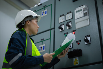 Electrical engineer inspects substation room carefully holding documents while checking control...
