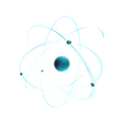 Model of an atom with electrons rotating around the nucleus, on a white background. Used for illustrations of science visualization, energy, and nuclear physics.