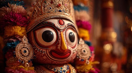 Naklejka premium Lord Jagannath Statue Close Up - Spiritual Sculpture Detail