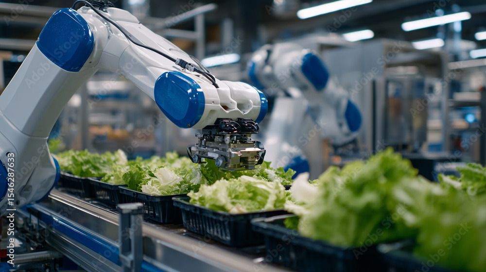 Poster automated food handling line where collaborative robots (cobots) delicately pick and place delicate 