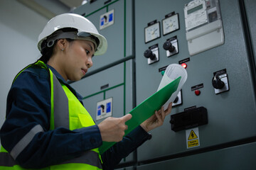 Electrical engineer inspects substation control panel in electrical room carefully reviewing...