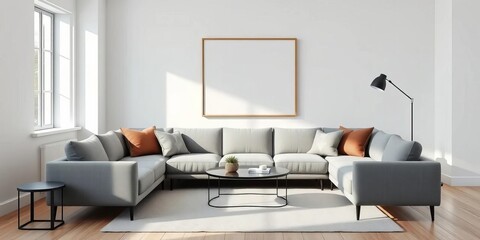 Gray living room, modern sofa, coffee table, minimalist poster, interior, minimalist decor