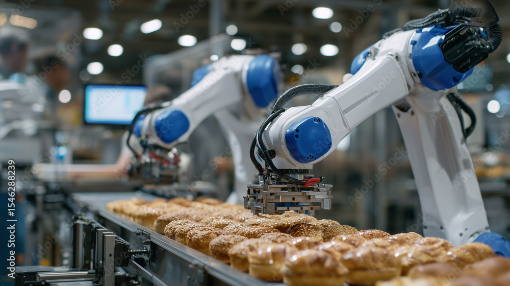Poster collaborative robots working alongside human operators to pack assorted bakery goods, highlighting t