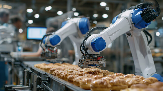 Collaborative robots working alongside human operators to pack assorted bakery goods, highlighting teamwork and advanced automation