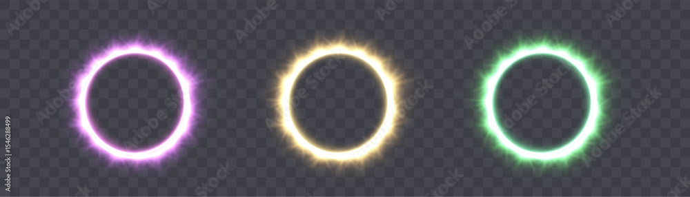 Poster Three bright rings with energetic glow in fantasy and techno style. Ideal for interfaces and visual effects.