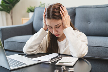 Stressed bankrupt financial crisis concept, Young adult in nervous after calculated loan expense...