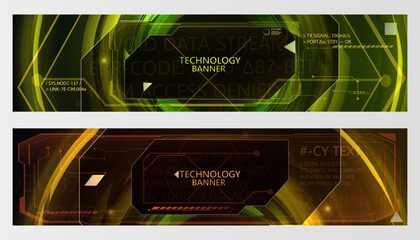 Futuristic technology banners with bright lines, light contours and digital texts. Suitable for sci-fi interfaces, cyber design and covers. Vector