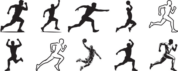Active men silhouettes running jumping sports fitness. eps-10