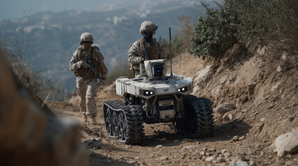 Autonomous ground robot carrying ammo and gear beside marching soldiers