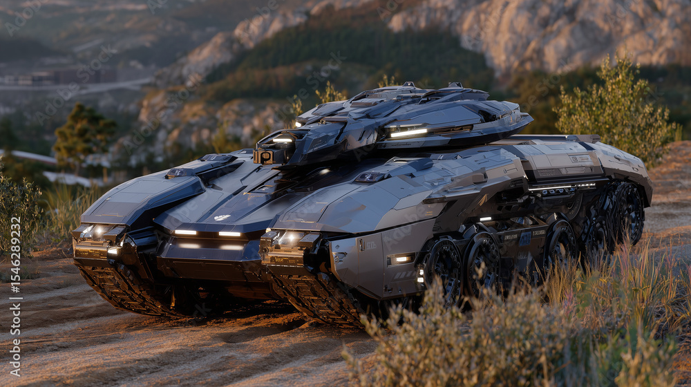 Poster futuristic tank prototype with railgun and stealth plating in testing grounds