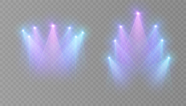 Stage spotlights with bright blue and purple beams on a transparent background. Suitable for shows, concerts, presentations and interfaces.
