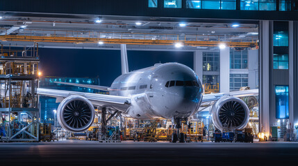 Jet engine mechanics performing maintenance under hangar floodlights