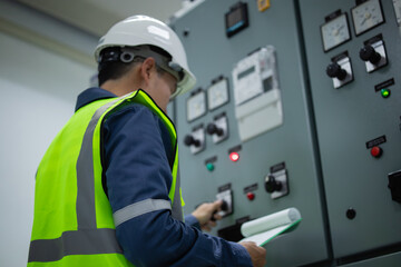 Engineer wearing safety helmet and vest inspects electrical equipment inside substation room...
