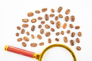 Scattered coffee beans with a golden magnifying glass on a white background, representing coffee...