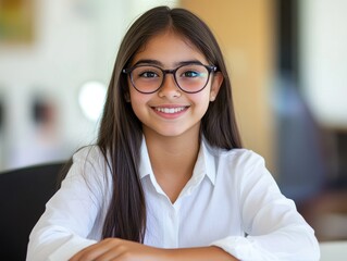 A teen beautiful girl with a confident smile, her hand resting casually on her desk as she leans back slightly, looking directly at the camera 