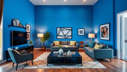 Modern blue-walled living room with stylish furniture and decor,  lamp,  sunlight