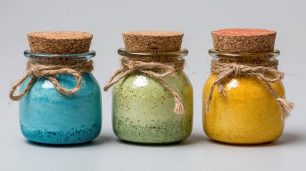 Ultra quality image of trio of Small Colorful Jars with Cork Lids and Twine.