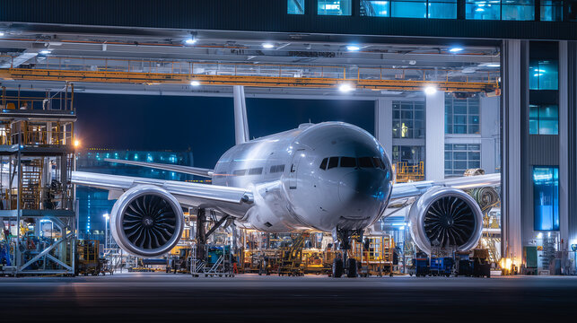 Jet engine mechanics performing maintenance under hangar floodlights