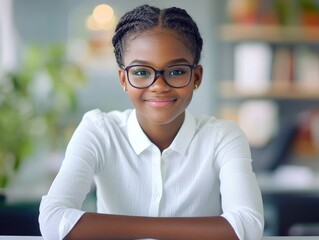 A teen beautiful girl smiling confidently, hands resting on her desk as she leans slightly forward, her glasses catching the light. 
