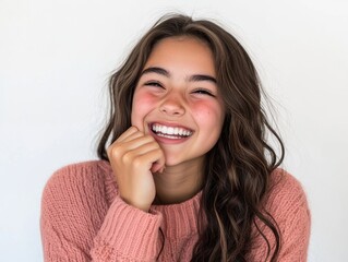 A teen beautiful girl trying to hold back laughter, her hand pressed lightly against her mouth