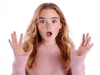 A teen beautiful girl showing surprise with raised hands, palms open and lifted just below her chin,