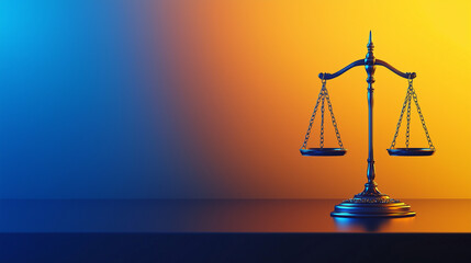 International Day of Democracy Banner With Bold Blue to Gold Gradient Background Featuring Single Scale of Justice Icon on Right Side Representing Fairness and Law, With Ample Negative Space for Text 