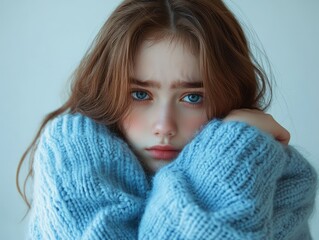 A teen beautiful girl showing quiet sadness, her shoulders slightly slouched as she wraps her arms around herself.