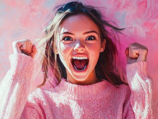A teen beautiful girl shouting with excitement, mouth open mid-joyful yell, one hand lifted high with energy