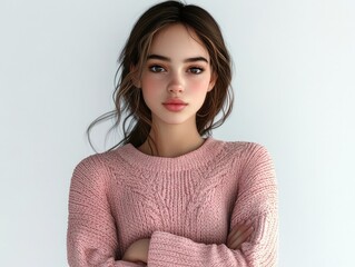 A teen beautiful girl showing determination, standing tall with her arms folded confidently across her chest. 