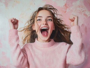 A teen beautiful girl shouting with excitement, mouth open mid-joyful yell, one hand lifted high with energy