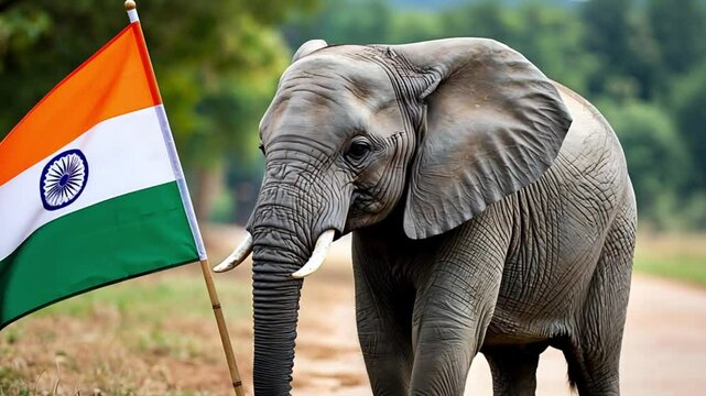 An Indian elephant stands beside the Indian flag. The elephant has gray skin and large ears. The flag features orange, white, and green stripes with a blue wheel.